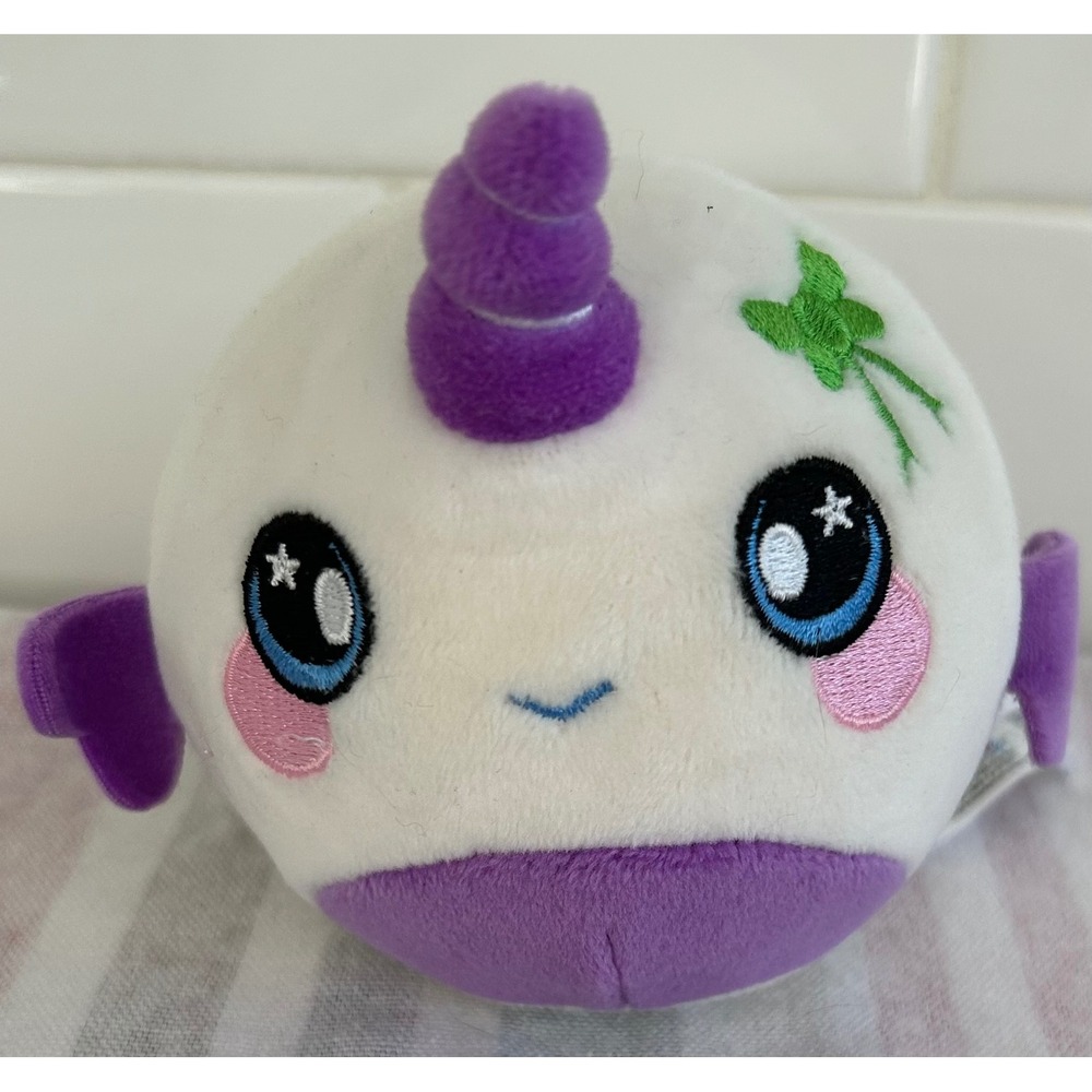Squeezamals Narwhal Plush Stuffed Animal Round Ball Purple Horn Bow Cute‎